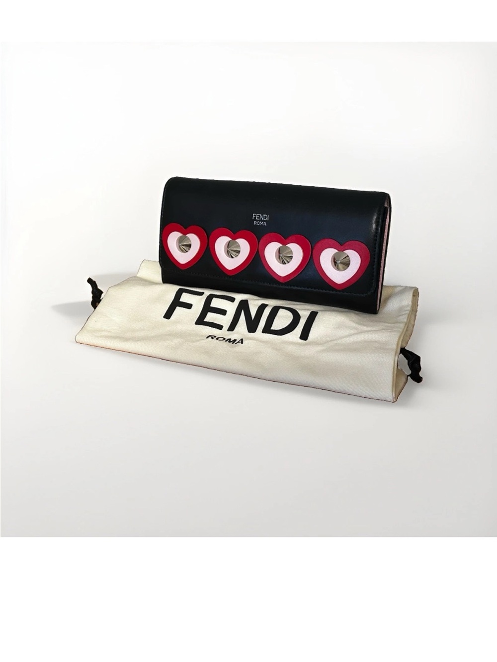 FENDI Roma Black Leather Heart Stud Long Wallet Karl Lagerfeld Rare w dust bag